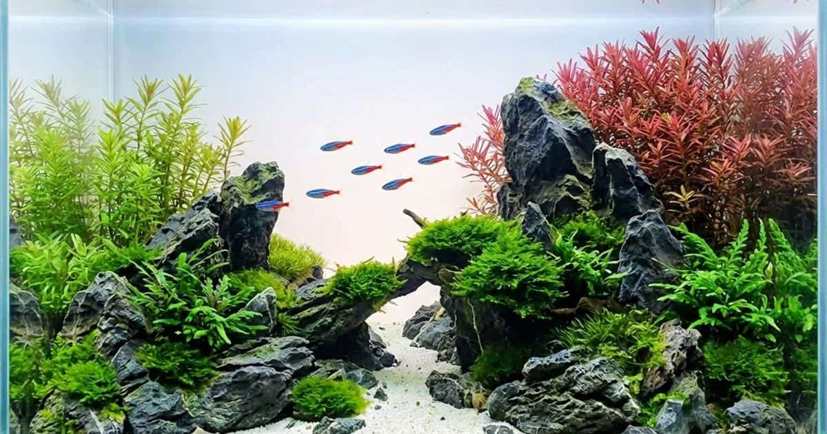 Serene Japanese style aquascape with lush green moss and dark stones